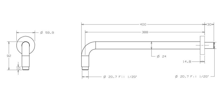 CONCEPT 200 BLACK sprchové rameno 400 mm, nástěnné, matná černá PM10013/MB Technický nákres