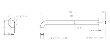 CONCEPT 200 BLACK sprchové rameno 400 mm, nástěnné, matná černá PM10013/MB Technický nákres