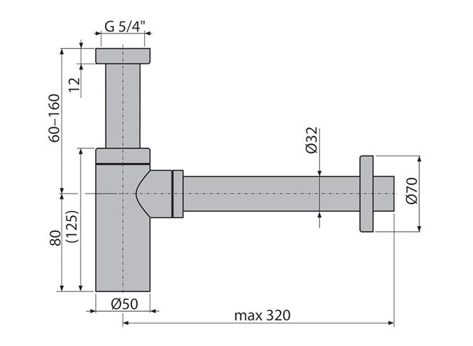 ALCA designový sifon k umyvadlu DN32, s převlečnou maticí 5/4, kartáčovaný nikl A400-N-B Technický nákres