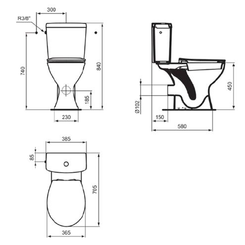 IDEAL STANDARD CONTOUR 21 WC kombi nádržka, boční přívod vody, 2 množství splachování E876001 Technický nákres