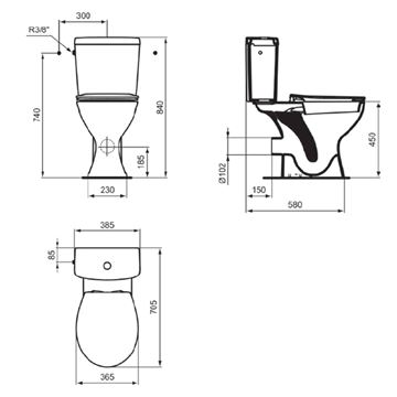 IDEAL STANDARD CONTOUR 21 WC kombi nádržka, boční přívod vody, 2 množství splachování E876001 Technický nákres
