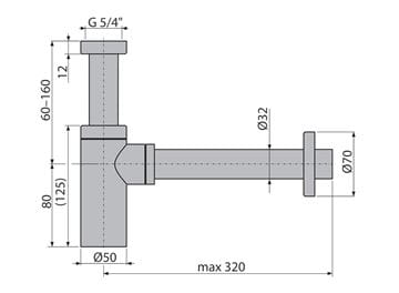 ALCA designový sifon k umyvadlu DN32, s převlečnou maticí 5/4, kartáčované zlato A400-G-B Technický nákres