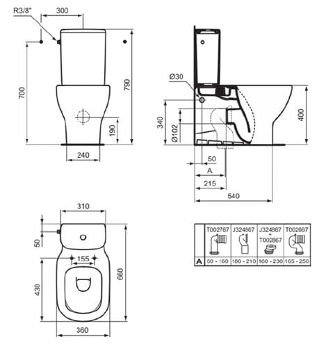 IDEAL STANDARD TESI WC kombi mísa, Aquablade splachování, zadní odpad T008201 Technický nákres