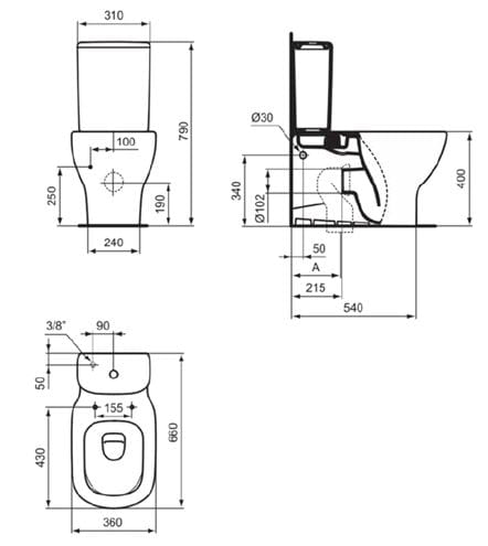 IDEAL STANDARD TESI WC kombi nádržka, spodní přívod vody, 2 množství splachování T356801 Technický nákres