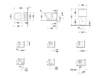 DURAVIT D-NEO WC kombi mísa, Rimless splachování, vario odpad 2002090000 Technický nákres