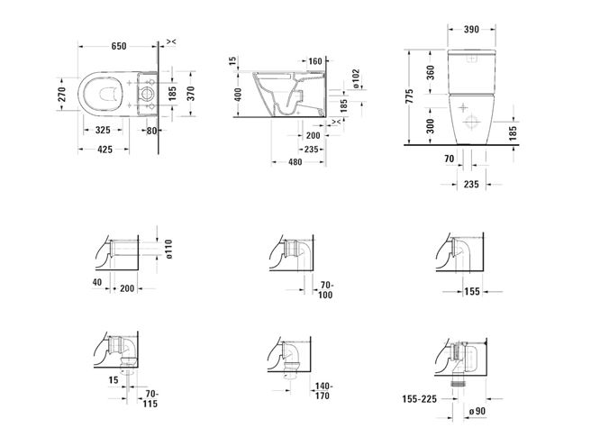 DURAVIT D-NEO WC kombi mísa, Rimless splachování, vario odpad 2002090000 Technický nákres