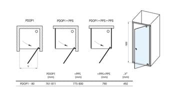 CONCEPT PIVOT STYLE PT-PDOP1 sprchové dveře 80x190 cm, pivotové, lesklý chrom/čiré sklo 03G40C00Z15 Technický nákres