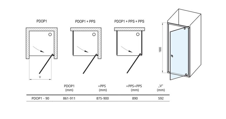 CONCEPT PIVOT STYLE PT-PDOP1 sprchové dveře 90x190 cm, pivotové, lesklý chrom/čiré sklo 03G70C00Z15 Technický nákres