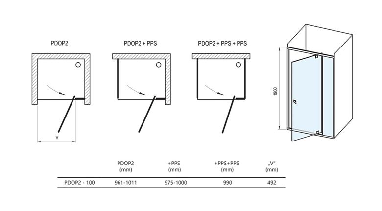CONCEPT PIVOT STYLE PT-PDOP2 sprchové dveře 100x190 cm, pivotové, černá/čiré sklo 03GA0300Z15 Technický nákres