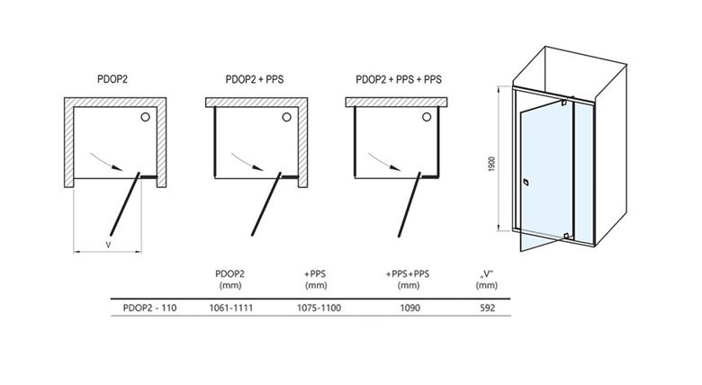 CONCEPT PIVOT STYLE PT-PDOP2 sprchové dveře 110x190 cm, pivotové, lesklý chrom/čiré sklo 03GD0C00Z15 Technický nákres