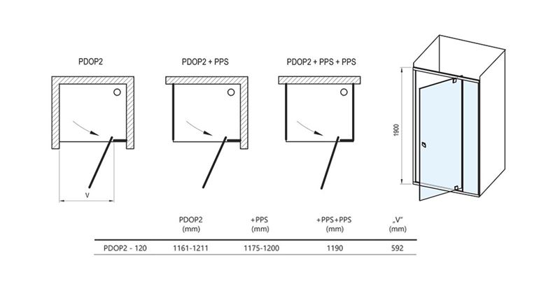 CONCEPT PIVOT STYLE PT-PDOP2 sprchové dveře 120x190 cm, pivotové, lesklý chrom/čiré sklo 03GG0C00Z15 Technický nákres