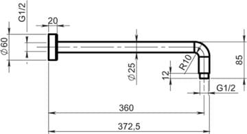 NOVASERVIS sprchové rameno 372,5 mm, nástěnné, černá RAM350,5 Technický nákres