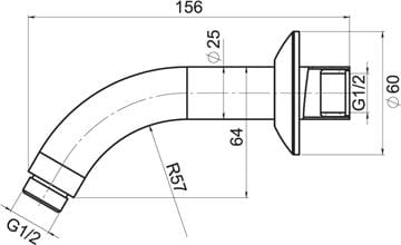 NOVASERVIS sprchové rameno 156 mm, nástěnné, chrom RAM200,0 Technický nákres