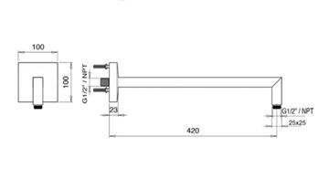 SANJET sprchové rameno 420 mm, nástěnné, chrom E021053 Technický nákres