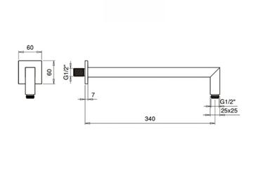 SANJET sprchové rameno 340 mm, nástěnné, chrom E021003 Technický nákres