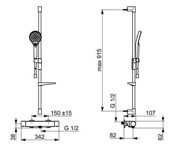 HANSA OPTIMA sprchový set s termostatickou baterií, ruční sprcha, tyč, hadice, chrom 481303310009 Technický nákres