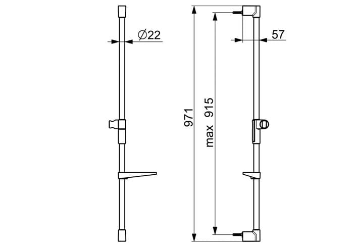 HANSA VIVA sprchová tyč 971 mm s držákem ruční sprchy, mýdlenka, chrom 44130200 Technický nákres