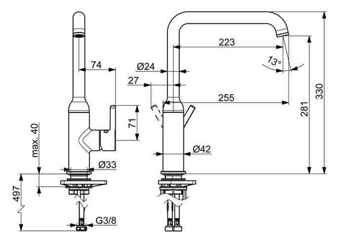 HANSA VANTIS STYLE dřezová baterie, matná černá 5420220733 Technický nákres
