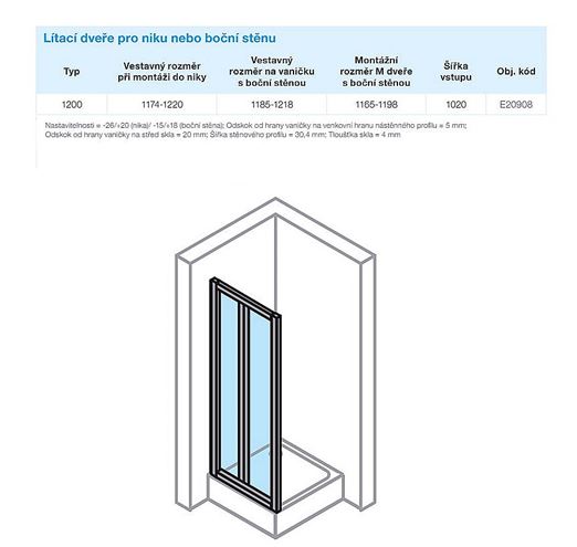 CONCEPT 70 sprchové dveře 120x190 cm, lítací, stříbrná matná/čiré sklo E20908.087.322 Technický nákres