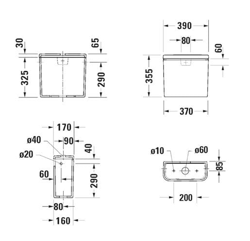 DURAVIT NO.1 WC kombi nádržka, boční přívod vody, Dual-Flush 0941000005 Technický nákres