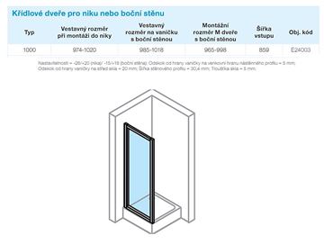 CONCEPT 70 sprchové dveře 100x190 cm, křídlové, stříbrná matná/čiré sklo E24003.087.322 Technický nákres