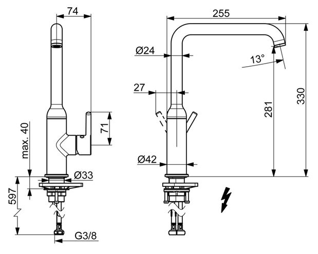 HANSA VANTIS STYLE dřezová baterie pro beztlakové ohřívače vody, matná černá 5422110733 Technický nákres