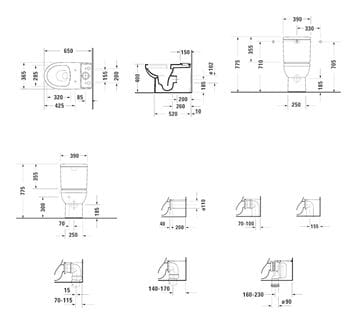 DURAVIT NO.1 WC kombi mísa, Rimless splachování, zadní a spodní odpad 21820900002 Technický nákres