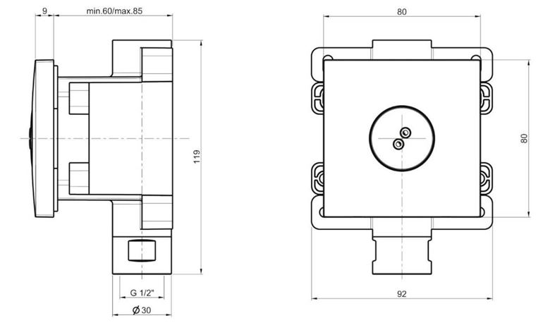 SANJET QUADRO podomítková boční sprcha, s tělesem, chrom E044177 Technický nákres