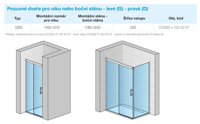 CONCEPT 300 STYLE sprchové dveře 120x200 cm, posuvné, levé, aluchrom/čiré sklo CO3S2G 120 50 07 Technický nákres