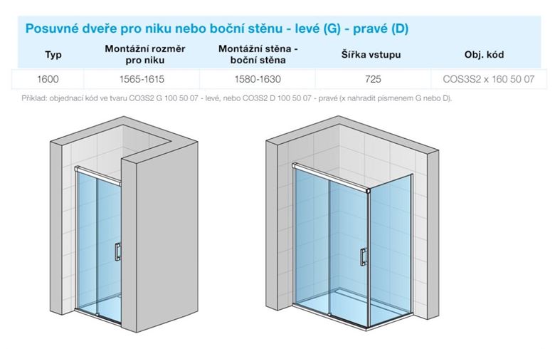 CONCEPT 300 STYLE sprchové dveře 160x200 cm, posuvné, levé, aluchrom/čiré sklo CO3S2 G 160 50 07 Technický nákres