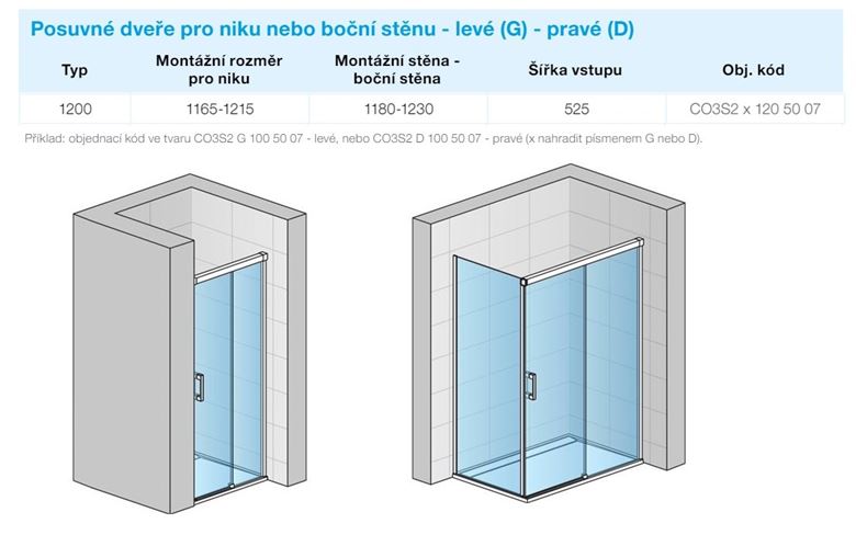 CONCEPT 300 STYLE sprchové dveře 120x200 cm, posuvné, pravé, aluchrom/čiré sklo CO3S2 D 120 50 07 Technický nákres