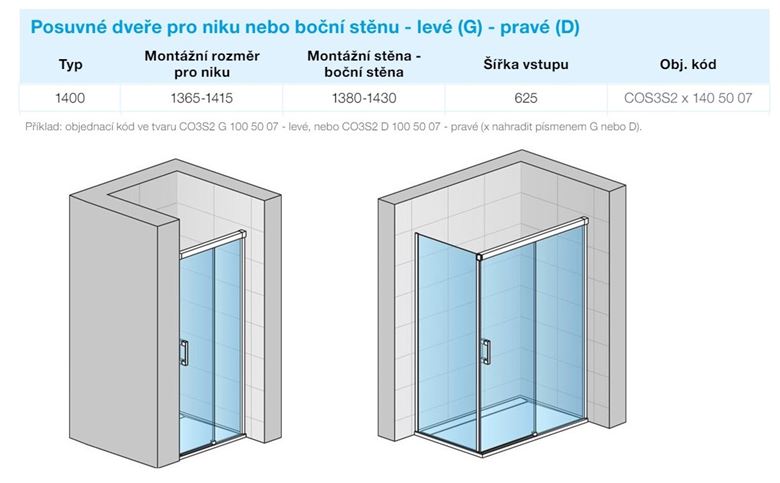 CONCEPT 300 STYLE sprchové dveře 140x200 cm, posuvné, pravé, aluchrom/čiré sklo CO3S2 D 140 50 07 Technický nákres