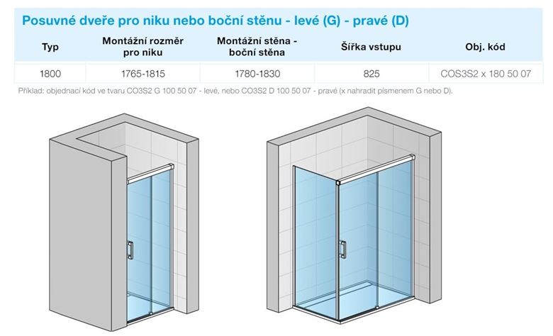 CONCEPT 300 STYLE sprchové dveře 180x200 cm, posuvné, pravé, aluchrom/čiré sklo CO3S2 D 180 50 07 Technický nákres