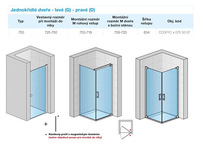 CONCEPT 300 STYLE sprchové dveře 75x200 cm, lítací, pravé, aluchrom/čiré sklo CO3P1C D 075 50 07 Technický nákres