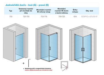 CONCEPT 300 STYLE sprchové dveře 75x200 cm, lítací, pravé, aluchrom/čiré sklo CO3P1C D 075 50 07 Technický nákres