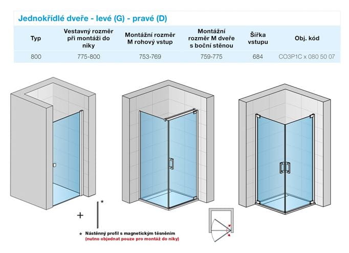 CONCEPT 300 STYLE sprchové dveře 80x200 cm, lítací, pravé, aluchrom/čiré sklo CO3P1C D 080 50 07 Technický nákres