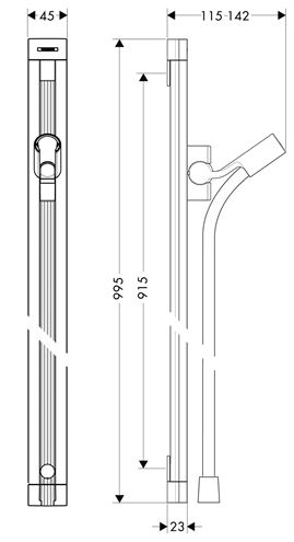 HANSGROHE UNICA RAINDANCE sprchová tyč 995 mm s držákem ruční sprchy, hadice, chrom 27636000 Technický nákres