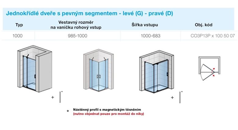 CONCEPT 300 STYLE sprchové dveře 100x200 cm, lítací, levé, aluchrom/čiré sklo CO3P13P G 100 50 07 Technický nákres