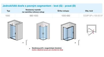CONCEPT 300 STYLE sprchové dveře 100x200 cm, lítací, levé, aluchrom/čiré sklo CO3P13P G 100 50 07 Technický nákres