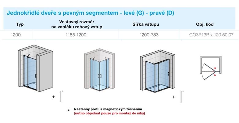 CONCEPT 300 STYLE sprchové dveře 120x200 cm, lítací, levé, aluchrom/čiré sklo CO3P13P G 120 50 07 Technický nákres