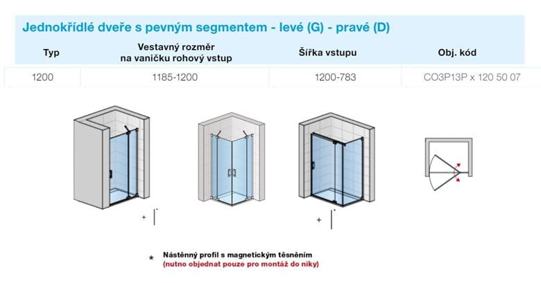 CONCEPT 300 STYLE sprchové dveře 120x200 cm, lítací, pravé, aluchrom/čiré sklo CO3P13P D 120 50 07 Technický nákres