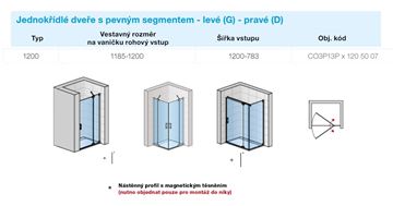 CONCEPT 300 STYLE sprchové dveře 120x200 cm, lítací, pravé, aluchrom/čiré sklo CO3P13P D 120 50 07 Technický nákres