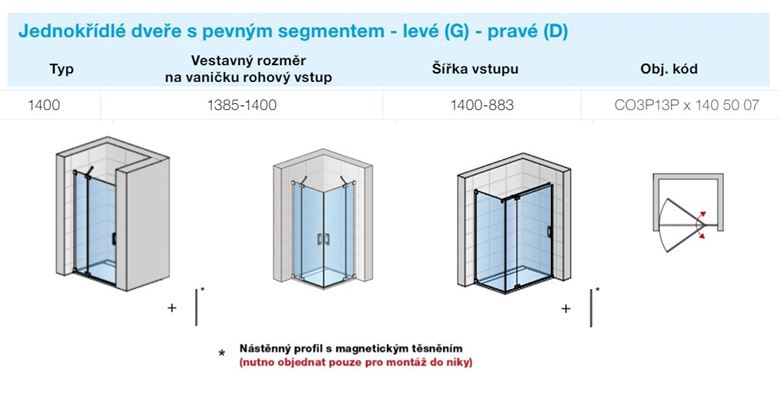 CONCEPT 300 STYLE sprchové dveře 140x200 cm, lítací, levé, aluchrom/čiré sklo CO3P13P G 140 50 07 Technický nákres