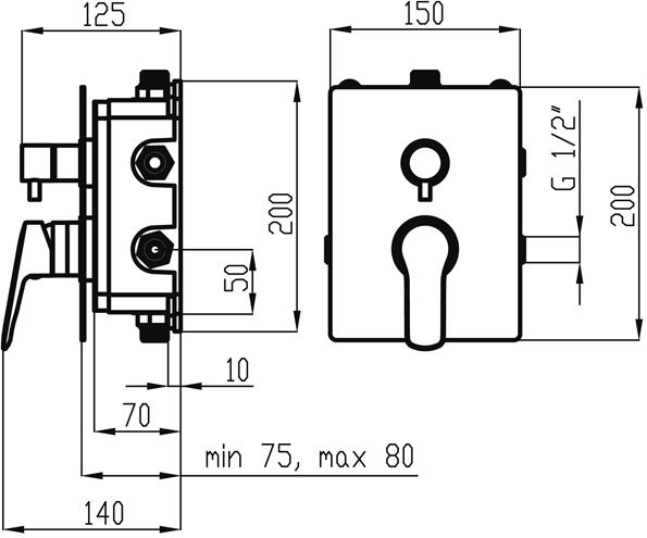 NOVASERVIS METALIA 54 podomítková baterie, pro 3 spotřebiče, s tělesem, chrom BOX54051RX,0 Technický nákres