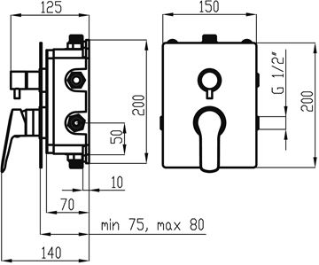 NOVASERVIS METALIA 54 podomítková baterie, pro 3 spotřebiče, s tělesem, chrom BOX54051RX,0 Technický nákres