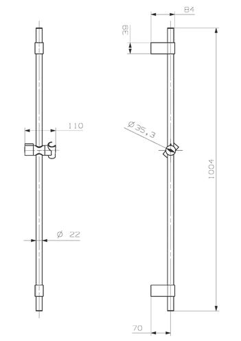 CONCEPT 200 sprchová tyč 1004 mm s držákem ruční sprchy, hadice, chrom PM10064/CO Technický nákres