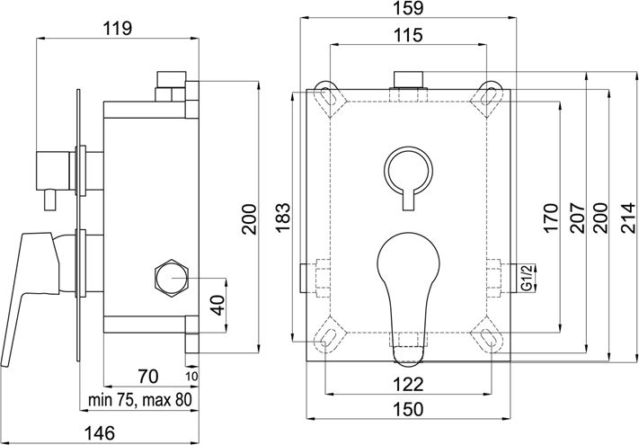 EASY PLUS NEON podomítková baterie, pro 2 spotřebiče, s tělesem, chrom BOX93451R,0 Technický nákres