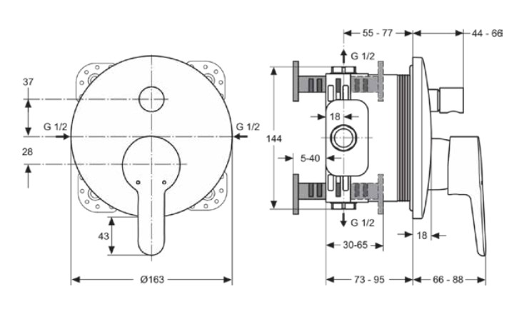 IDEAL STANDARD CONNECT BLUE vanová podomítková baterie, s přepínačem, chrom A5802AA Technický nákres