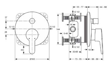IDEAL STANDARD CONNECT BLUE vanová podomítková baterie, s přepínačem, chrom A5802AA Technický nákres