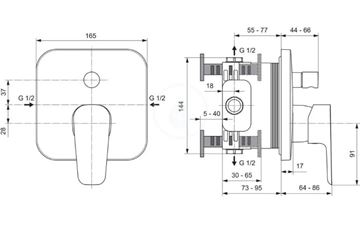IDEAL STANDARD CERAPLAN III vanová podomítková baterie, s přepínačem, chrom A6115AA Technický nákres
